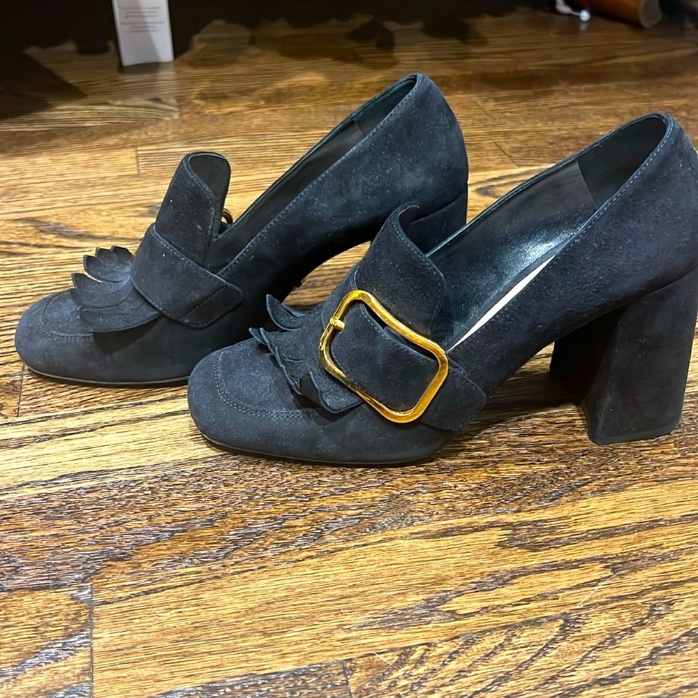 Prada black suede heels size 38. Good condition but worn